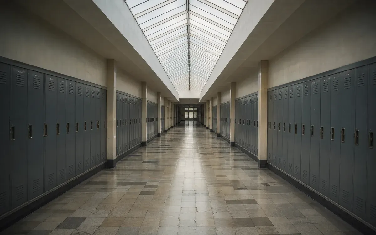 Couloir de collège désert avec casiers métalliques et carrelage usé