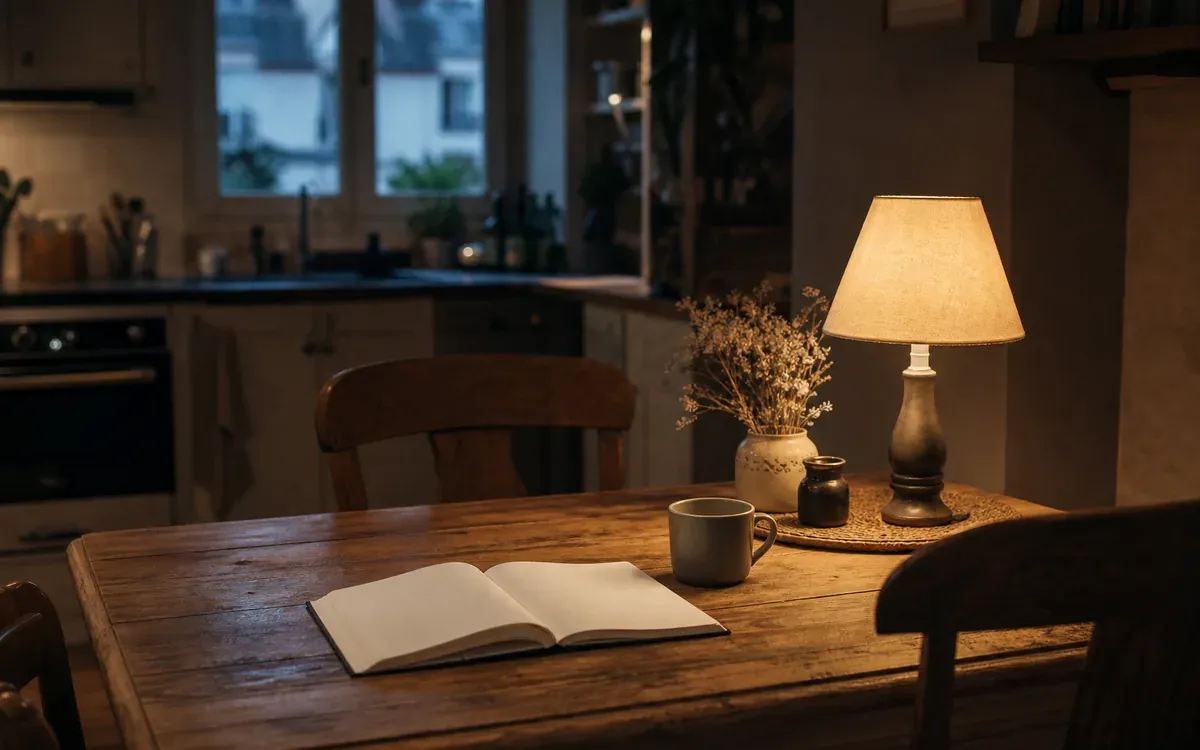 Table de cuisine familiale le soir avec cahier ouvert et lampe allumée