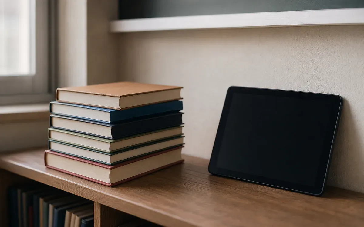 Pile de manuels scolaires papier à côté d'une tablette éteinte sur une étagère de salle de classe