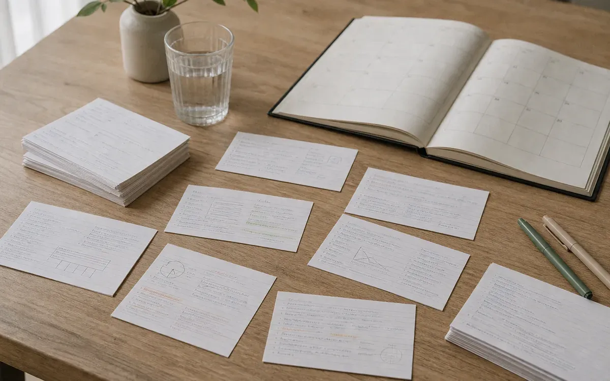 Cartes de révision manuscrites étalées sur une table en bois clair