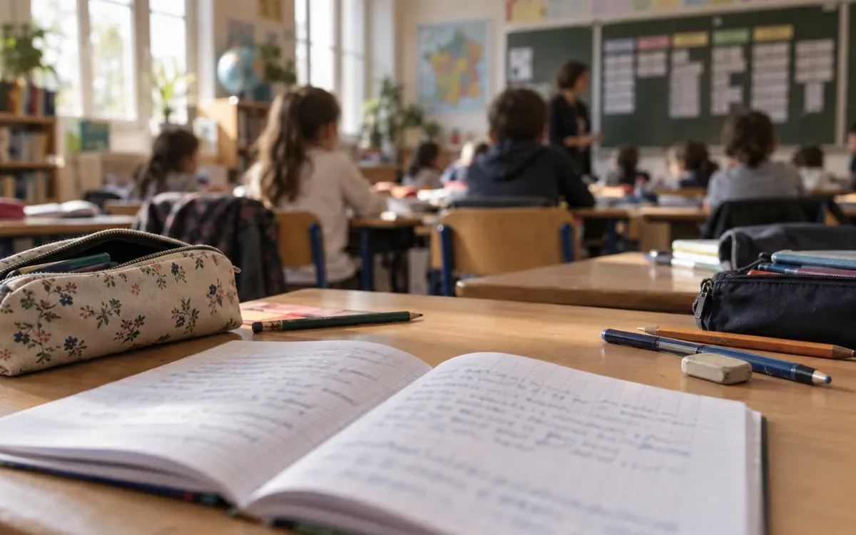 Cahiers, texte d’élève et matériel de classe sur une table